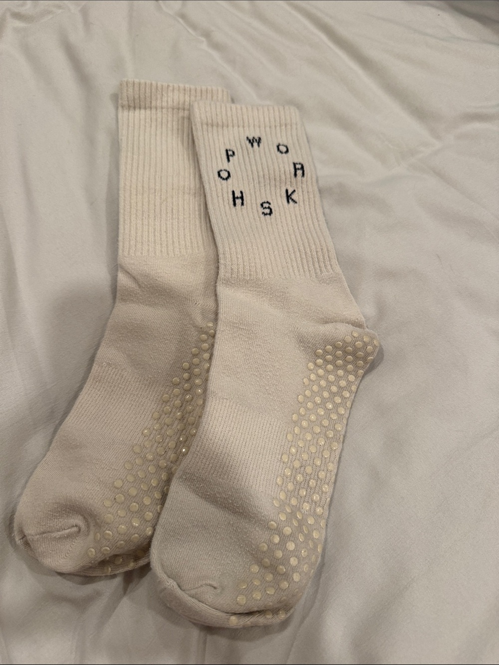Cream Pilates Crew Socks w/ Subtle Lettering